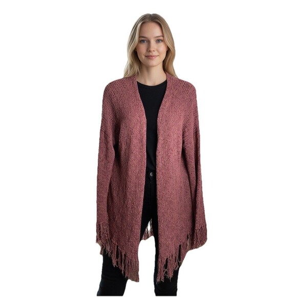 Very J Fringe Open Cardigan Women's Large Mauve Boho Chunky Knit Sweater Western - Picture 8 of 11